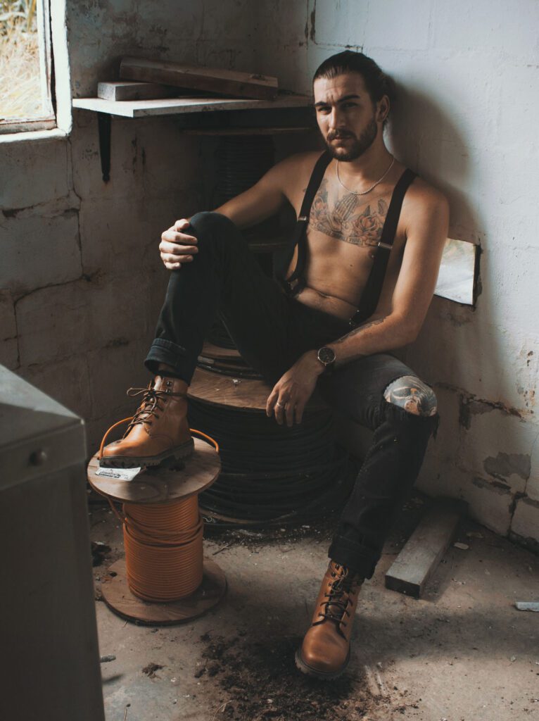 A man sitting on the ground with his feet up.